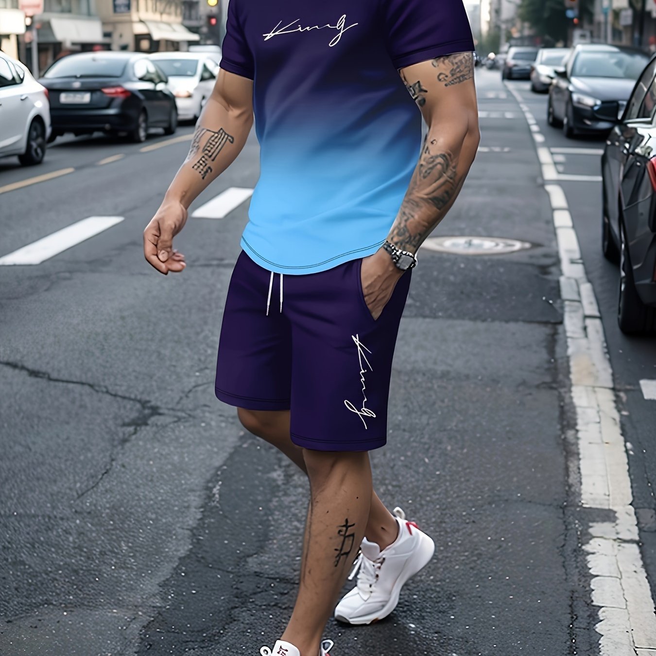 Ombre 2Pcs Trendy Outfits For Men, Casual Crew Neck Short Sleeve T-shirt And Drawstring Shorts Set For Summer, Men's Clothing Vacation Workout