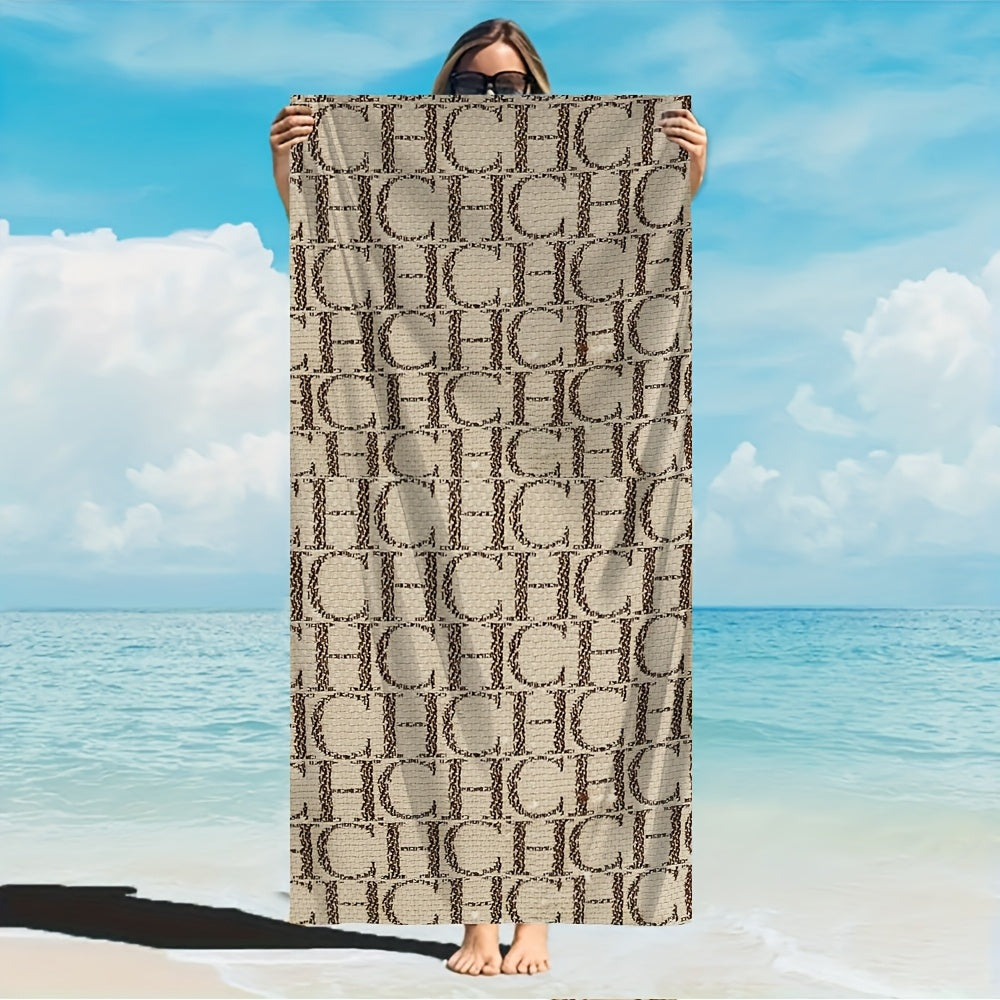 1pc Modern CH Letter Print Beach Towel - Soft Absorbent Microfiber, Lightweight & Machine Washable for Travel, Yoga, Gym, Pool, Bath - Summer Essential, Quickdrying Material, Durable & Versatile Accessory for Fitness Enthusiasts, Contemporary Design, Gym