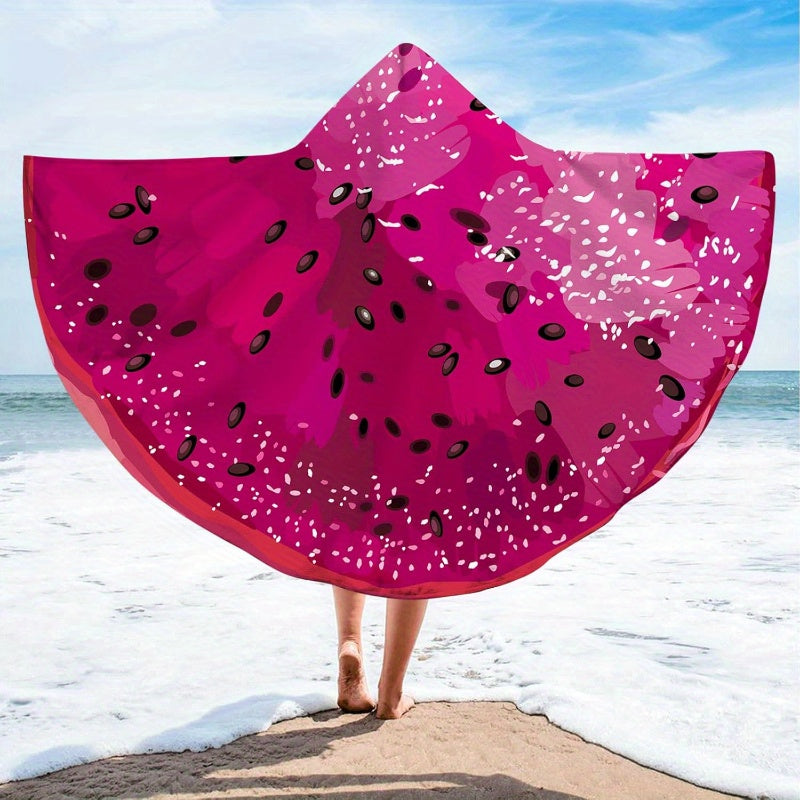 Extra Large Microfiber Hooded Beach Towel 149.86cm x 200.66cm - Wearable, Functional Poncho Cape with Button Detail, Pink Watermelon Design, Oversized Bath Wrap for Adults, Beach