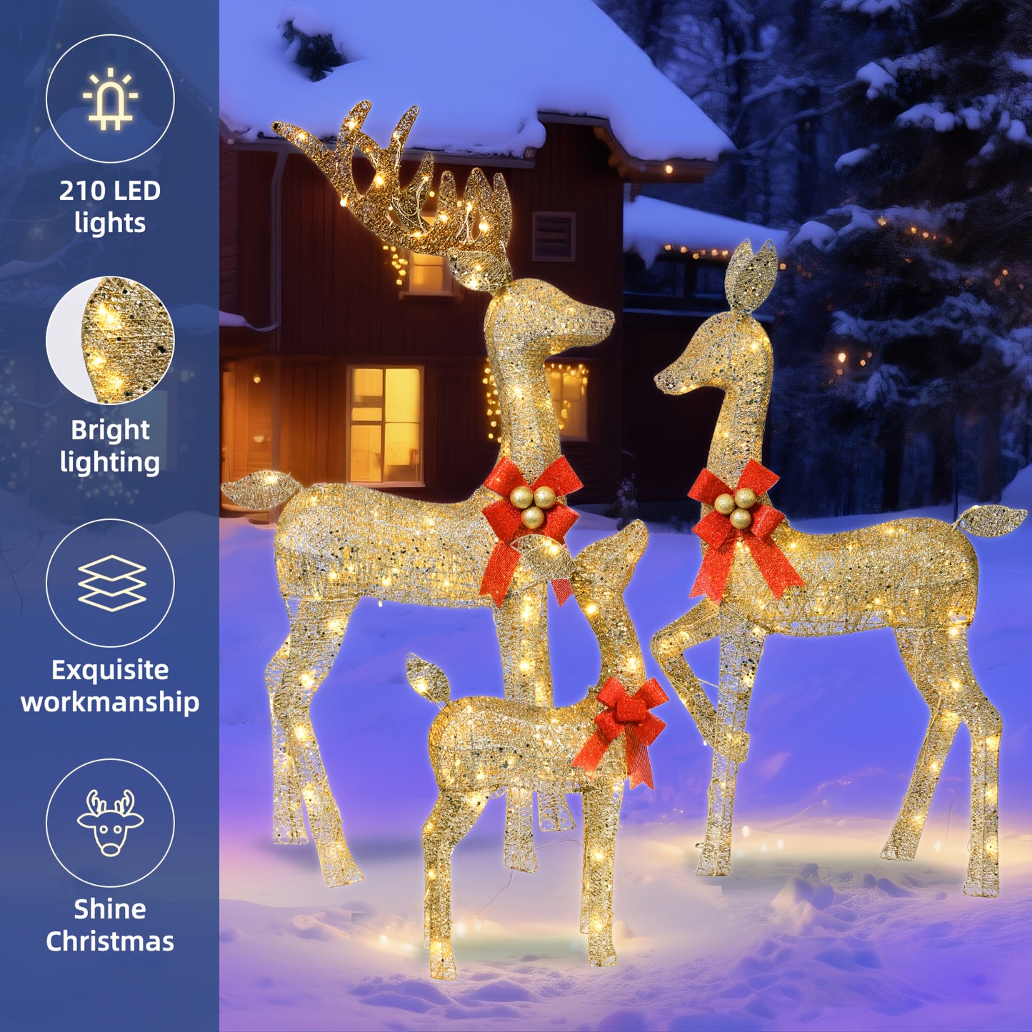 Luminous Christmas Decoration Deer Set, festive and shining Christmas decoration reindeer family set, deer family, suitable for indoor and outdoor front yards and porches, equipped with LED lights, plugs and grounding posts