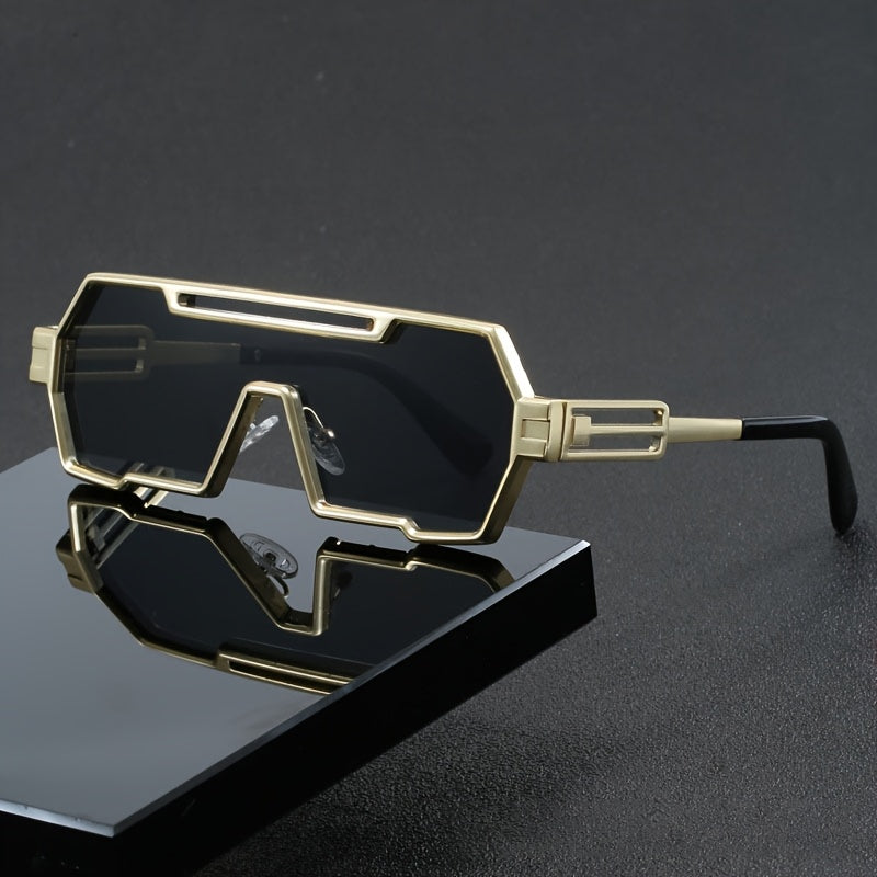 Futuristic Y2K Metal Square Frame Fashion Glasses for Men & Women - Anti-Reflective PC Lenses, Golden-Tone Hollow Temples, Trendy Hip-Hop Style, Perfect for Fashion, Fashion Accessory | Y2K Fashion Accessory | Durable Eyewear, Trendy Glasses