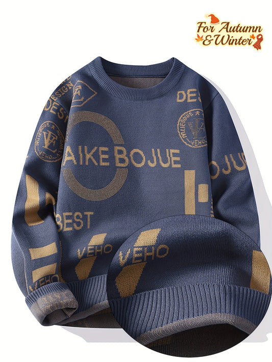 SENMEIGUO Men's Slim Fit Long Sleeve Knit Sweater - Black & Golden Letter Graphic Design, Round Neck Casual Pullover for Autumn Winter, Warm Layering Essential, Sweater for Fall