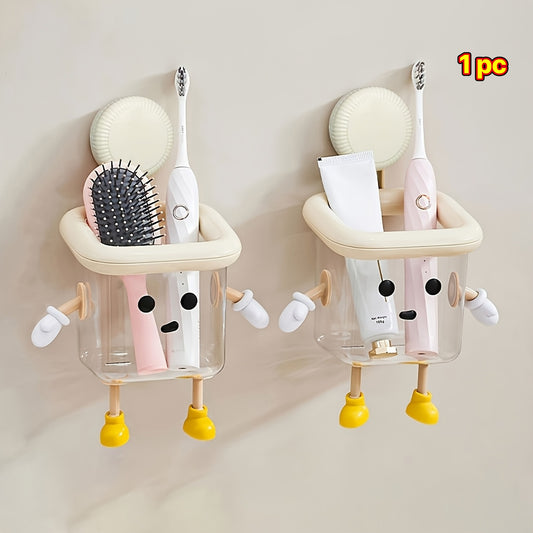 1pc Cartoon Toothbrush Holder, No-Drill Suction Cup Wall-Mounted Storage Box, Cute Home Decor Plastic Washbasin Accessory for Toothbrushes | Durable Plastic, Toothbrush and Toothpaste Organizer, Toothbrush Holder for Bathroom, Playful Design, Easy Instal