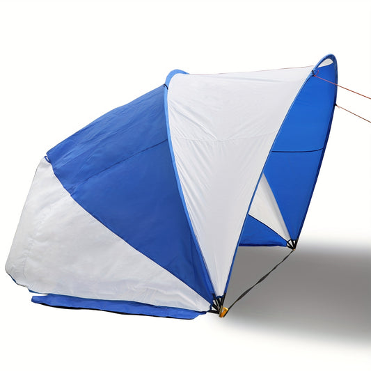 Portable Beach Tent for 4-5 Adults - Blue & White Sun Shelter with Drawstring Closure, Sand & Grass Resistant, Ideal for Camping, Picnics, and Backyard Outings