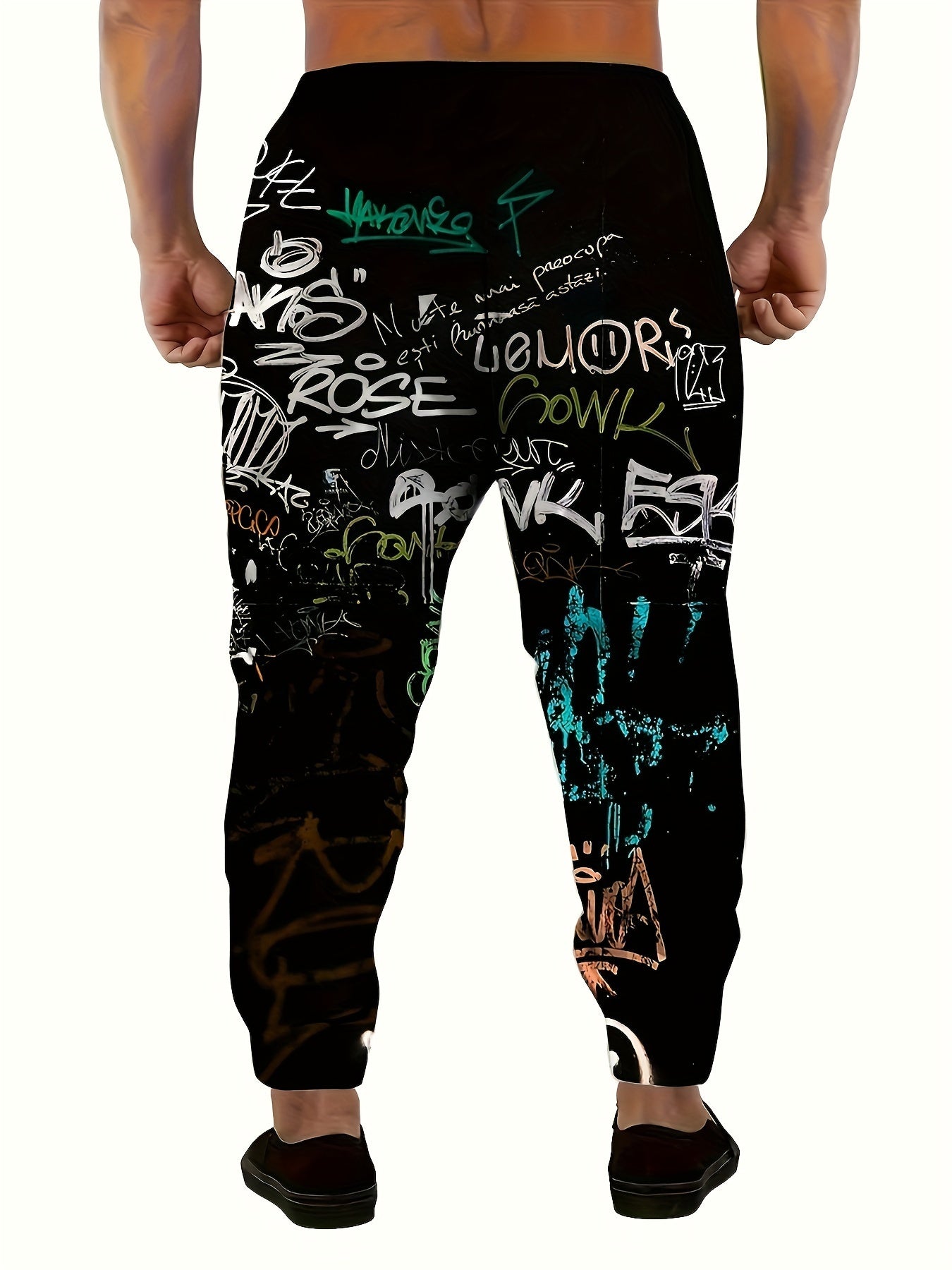 Men's 3D Graffiti Print Casual Polyester Sweatpants with Drawstring and Pockets | Slight Stretch Knit Fabric | All Over Print Regular Fit Joggers