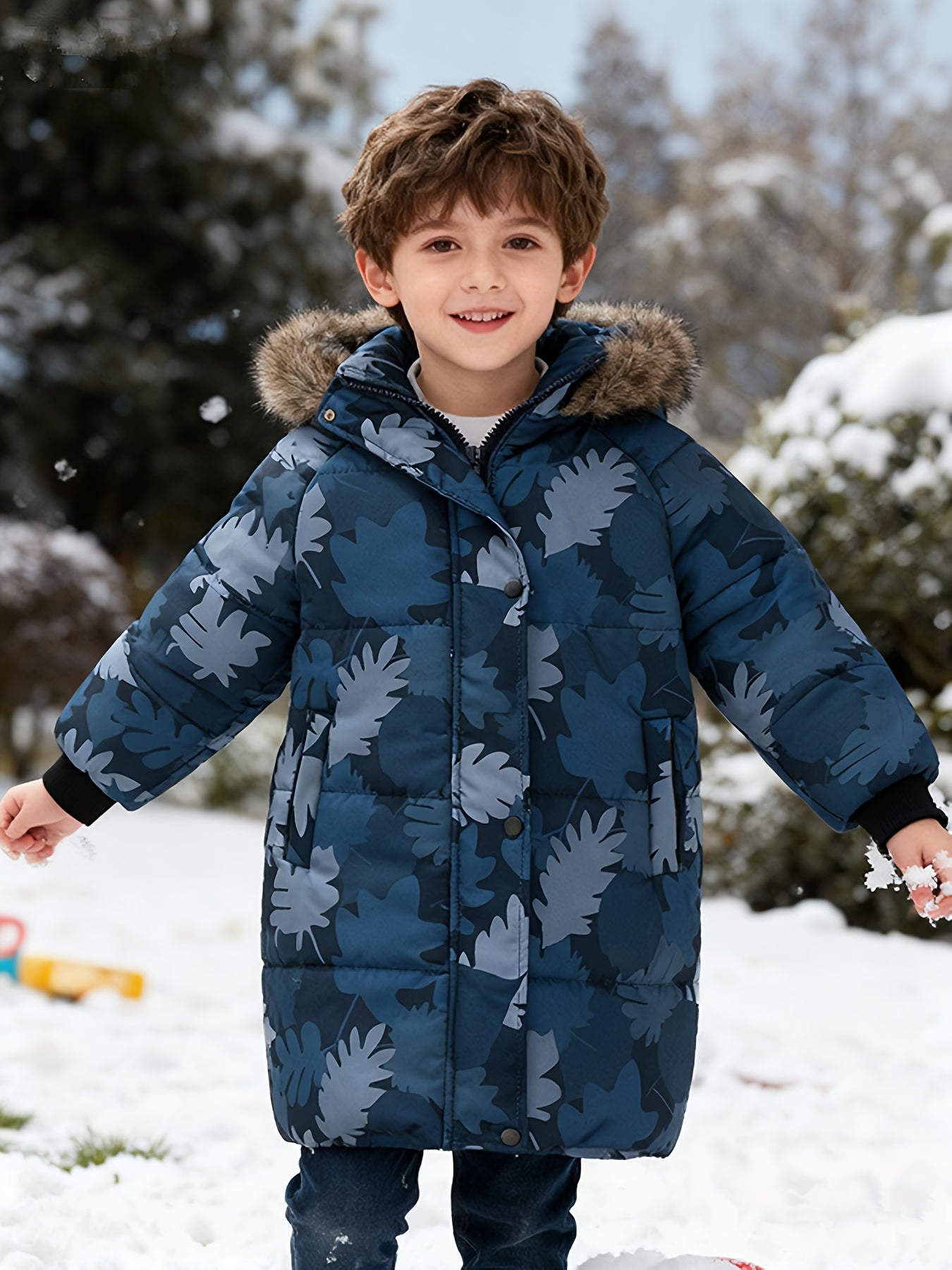 JOMAKE Boys' Full-Zip Hooded Winter Jacket with Camo Print & Leaf Pattern, Insulated Windproof Coat, Machine-Washable Polyester, Turquoise Blue/Grey Snowproof Outerwear for Skiing, & Activities (All-Season ', Winter Jacket For Boys, Boys Winter Coat, Boy