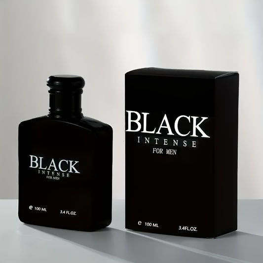 Black Intense Men's Perfume, 3.4oz. (100ml). The bottle is crafted from obsidian-like porcelain, featuring mango and sandalwood notes with long-lasting fragrance, perfect for men to showcase their personal charm.