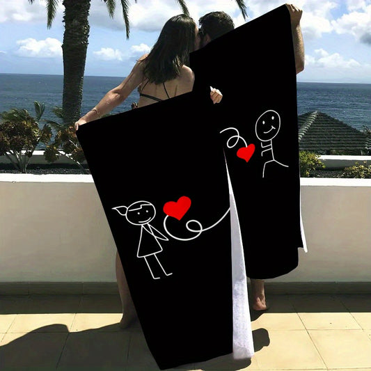 2pcs Set, Extra-Large Microfiber Shower Towels - Quick-Dry, Highly Absorbent, Soft & Thick Hand Towels for Bathroom, Pool & Beach - Black & White, Contemporary Print Design with Heart & Star Motifs, Perfect Couple Gift, Bathroom Accessories | Star Print