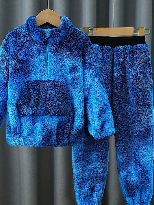 Boys' Cozy Fleece-Lined Zip-Up Hoodie & Pants Set in Blue Tie-Dye - Casual, Warm Polyester Outfit for Fall/Winter, Machine Washable, Perfect for Outdoor