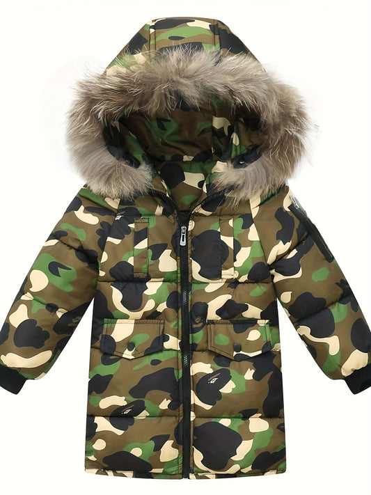 1pc Boys' Winter Camo Jacket with Detachable Hooded Collar & Full-Zip Closure - Windproof Coat, Green/Brown/Black Camouflage Pattern, Hand Washable for Outdoor Play, Hunting, (Warm Full-Length Kids' Outerwear)