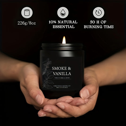 An 8oz Aromatherapy Candle in a Glass Bottle - Smokeless, Fragrance: Lavender Wood, Vintage Leather, Vintage Oak, Smoked Vanilla, Suitable for Home Decoration, Fresh Air Emergency Use, Gift Giving, Used for Yoga, Office, etc