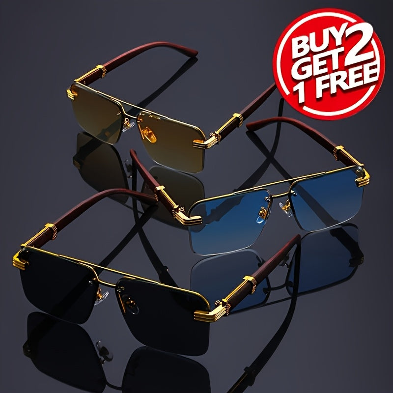 3pcs Retro Golden Fashion Glasses for Women & Men - Elegant Wood Grain Frame, Decorative Square Lenses, Plastic Hinges, Perfect for Parties, Photoshoots & Casual Wear, Party Eyewear, Classic Eyewear, Durable Eyeglasses