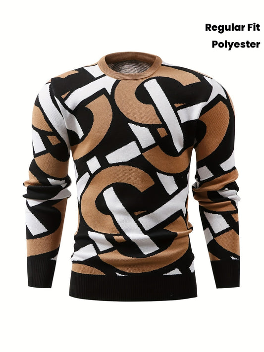 Men's Geometric Irregular Pattern Knit Sweater, Crew Neck, Stretch Polyester, Warm Innerwear Top for Fall/Winter, Regular Fit, Ribbed Detail