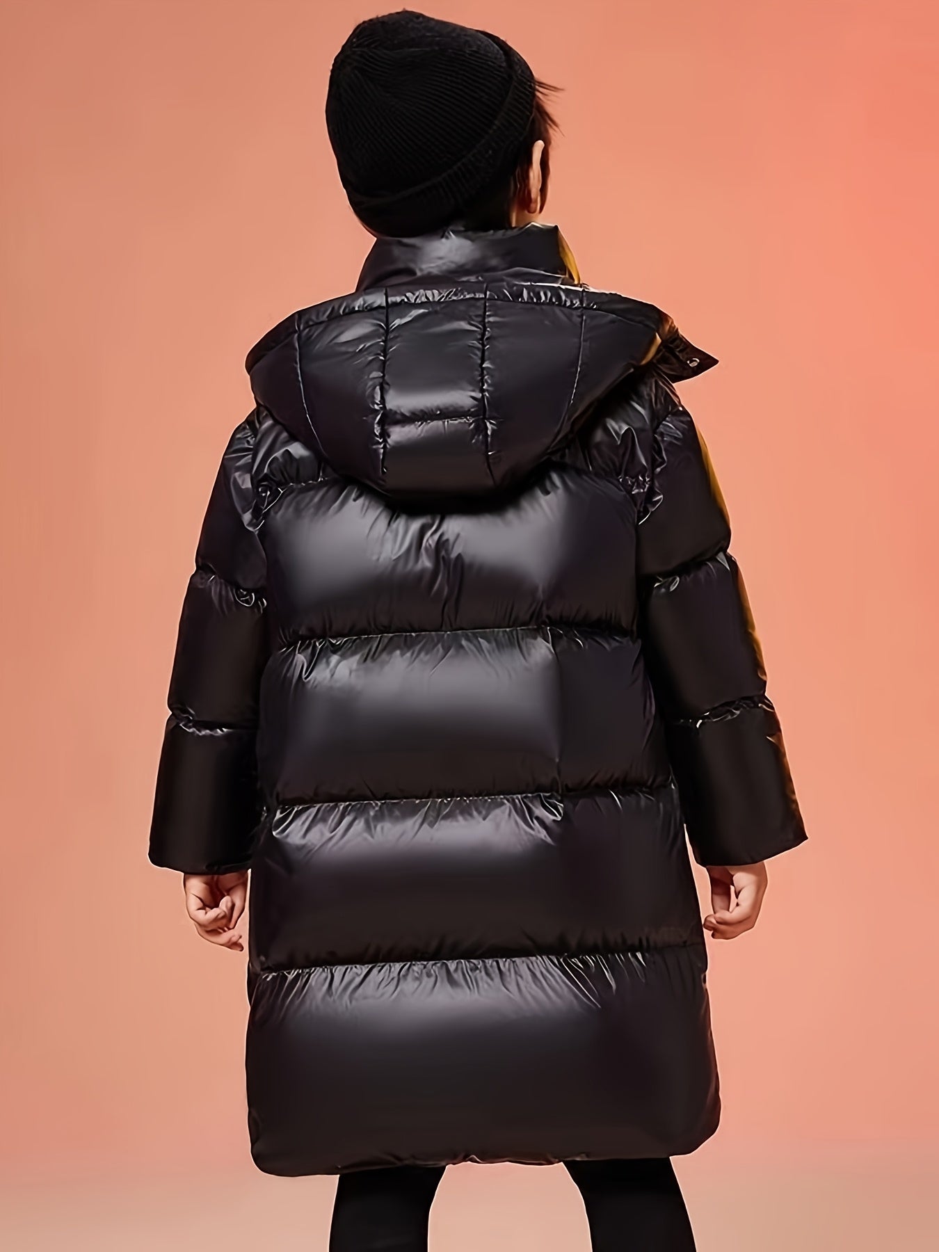 Boys' & Girls' Thickened -Padded Coat with Geometric Patches - Medium-Length Winter Snowsuit, Stand Collar, Zipper Front, Loose Fit, Polyester Lining for Warmth & Comfort (Sizes M/L)