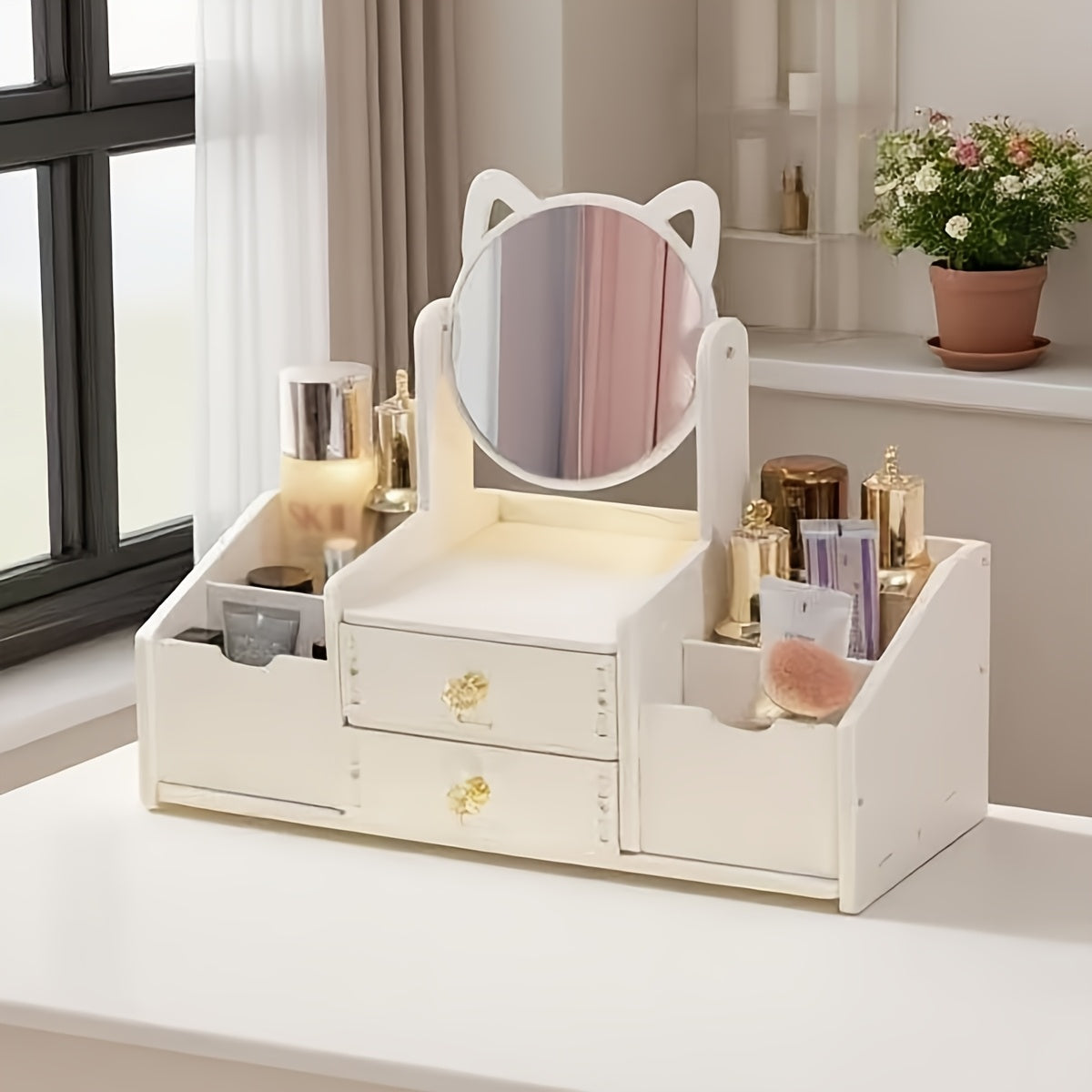 Modern Minimalist Vanity - Large Mirror Freestanding Wooden Dressing Table, 68.58 cm Tall and 39.88 cm Deep with 4 Drawers + Open Shelves, No Assembly Required, Suitable for Bedroom, Living Room, Bathroom
