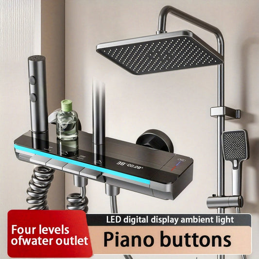 1 Set Shower System, LED Digital Temperature Display and Ambient Light Bathroom Shower, 4-Function Piano Key Wall-Mounted Shower Combo Set, 33.02cm Rainfall Shower Head, 3-Function Handheld Shower, Bathtub Waterfall Spray and Bidet Sprayer, Stainless Ste