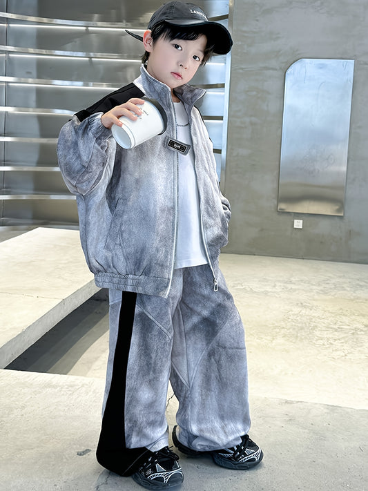 Boys' Casual Sportswear Set - Long Sleeve Hoodie & Joggers, Gray & Black Two-Tone Design, Non-Stretch Fabric, Perfect for Outdoor Activities, Spring/Fall Collection, Perfect for Outdoor