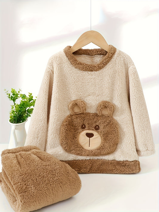 Kids' Flannel Long Sleeve and Pants Set, Korean Version Cute Bear for Boys & Girls with Fleece Lining Thickened Warm Outfit Gift - Birthday Present, Halloween, Christmas