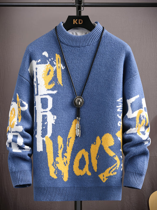 Men'S Sweater - Dark Grey & Yellow Letter Graphic Pullover, Relaxed Fit Long Sleeve Knit Sweater for Fall/Winter, Layering Essential Casual Formal Outfits - Ideal Gift for Men, Knit Sweater, Winter Clothing, Drop Shoulder Design, Comfortable Wear, Fall F