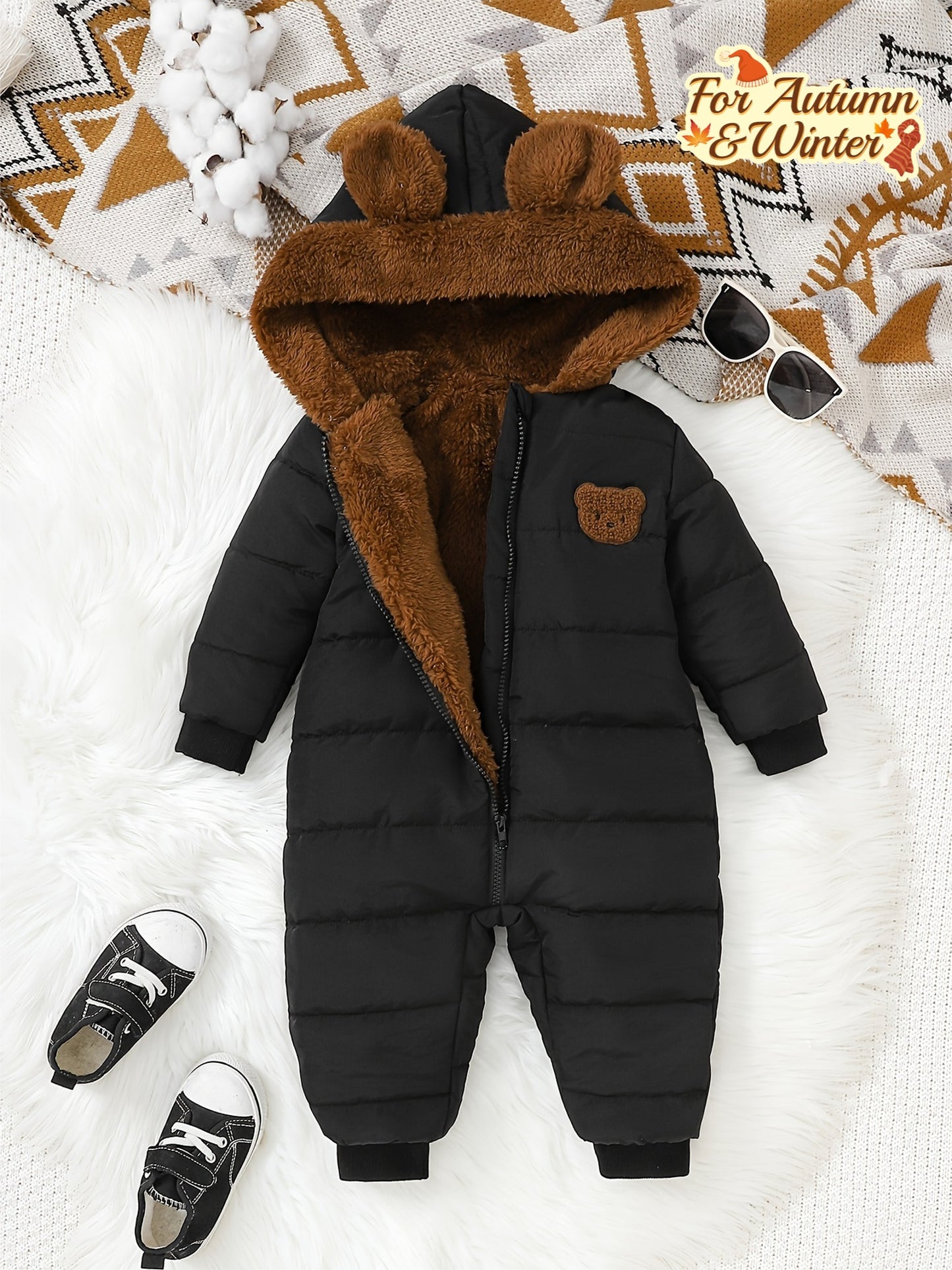 Baby Boy Winter Jumpsuit - Soft Plush Onesie with Hood, Warm Outfit, Easy Diaper change, Loose Fit Newborn Clothing for Cold Weather & Photoshoots - Infant & Toddler, Perfect for Outdoor, Photoshoot Outfit, Comfortable Wear, Perfect For