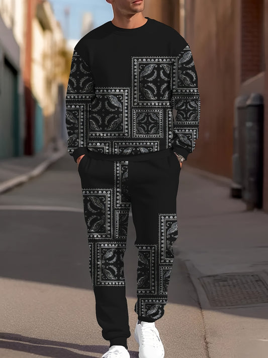 Men'S Vintage Turban Print Casual Two-Piece Set, Polyester Knit Fabric, Crew Neck Long-Sleeve Hoodie & Tracksuit Pants, Regular Fit, Slight Stretch, All Over Print, Fall/Winter Weekend Casual Wear