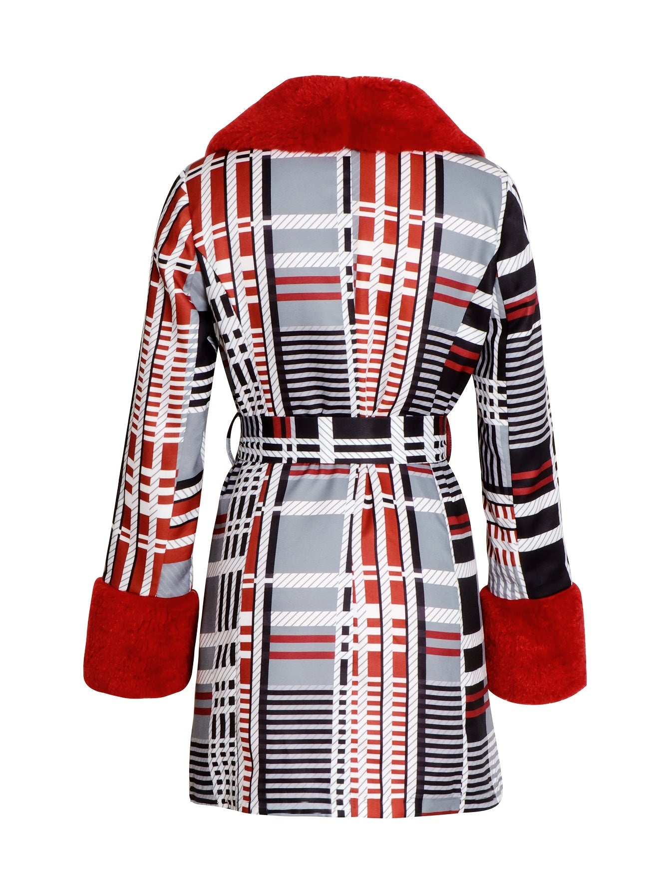 Women'S Belted Plaid Trench Coat with Faux Fur Collar, Polyester Spandex Blend, Casual Long Jacket, Woven Printed Pattern, for All-Season Outerwear