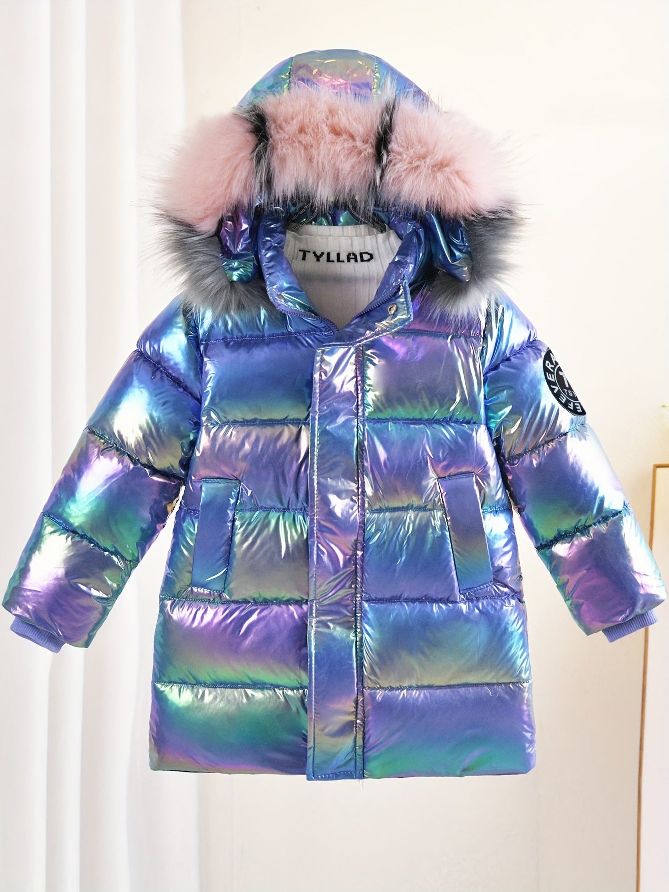 Girls' Winter Parka - Trendy Metallic Purple Hooded Jacket with Faux Fur Trim, Zip-Up Long Sleeve Coat for Youngsters & Teens, Casual Style, Polyester Material, Perfect for Cold Weather, Girls Winter Clothes