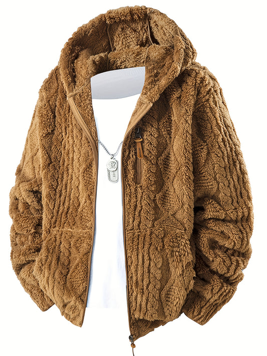 Men's Plush Fuzzy Jacket - All-Season Full-Zip Hooded Coat with Full-Zip Closure, Winter Jacket for Travel, Gym, Outdoor Activities - Machine Washable Casual Outerwear for Men () - Versatile Full-Zip Jacket for Everyday & Formal Events - Retro Style