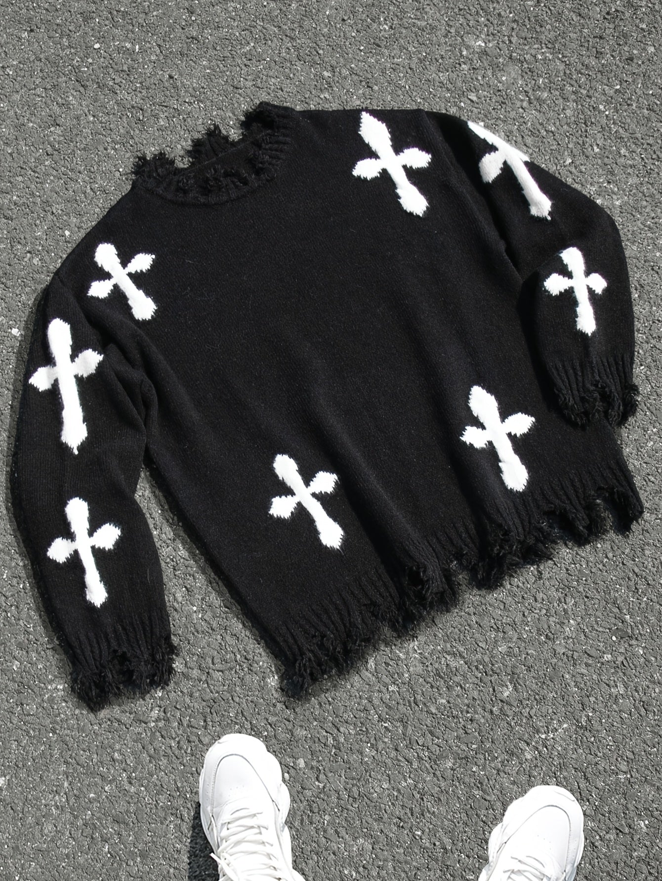 Men's Gothic Style Oversized Knit Sweater with White Cross Cutouts - Black Torn Detailing & Frayed Hem, Loose Fit Round Neck Long Sleeve Winter Pullover for Casual Outfits, Layering Essential (Hand Washable) - Edgy Streetwear Sweater for Men, Relaxed Fit