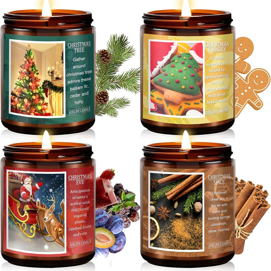 Christmas Scented Candles - Long-Lasting 12+ Hour Burn Time, Soy & Beeswax Wax Blend, Festive Holiday Scents (Christmas Tree, Spices,, Gingerbread, Eve) in Jar with Colorful Labeled Labels - Home Decor Gift for Women & Men, Xmas, Valentine's, Mother's Da