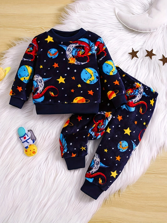 Boy'S Christmas Themed Flannel Pajama Set, 2pcs Crew Neck Outfit with Rib-Knit Details, Medium Stretch Knit Fabric, Regular Fit, Polyester 100%, Cozy Winter Home Wear