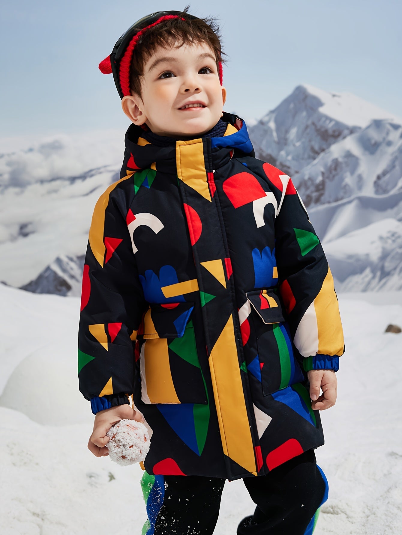 ASK JUNIOR Boys' Winter Down Jacket - Thickened Warm Mid-Length Hooded Coat with Colorful Geometric Pattern, Zip-Up Front, Pockets & Adjustable Hood for Snowy Outdoor Play, Winter Coat, Playful Winter Wear, Durable Winter Wear