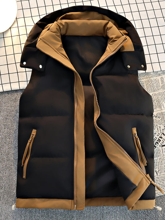 Lisen OBM Men's Winter Vest - Jacket-Like Sleeveless Vest with Hood, Full-Zip Front & Contrast (Black/Brown), Hand Washable Cold-Weather Coat for Skiing, Commuting, Activities - -Filled, Winter Clothes For Men, Winter Vest For Men, Vest For Women, Mens B