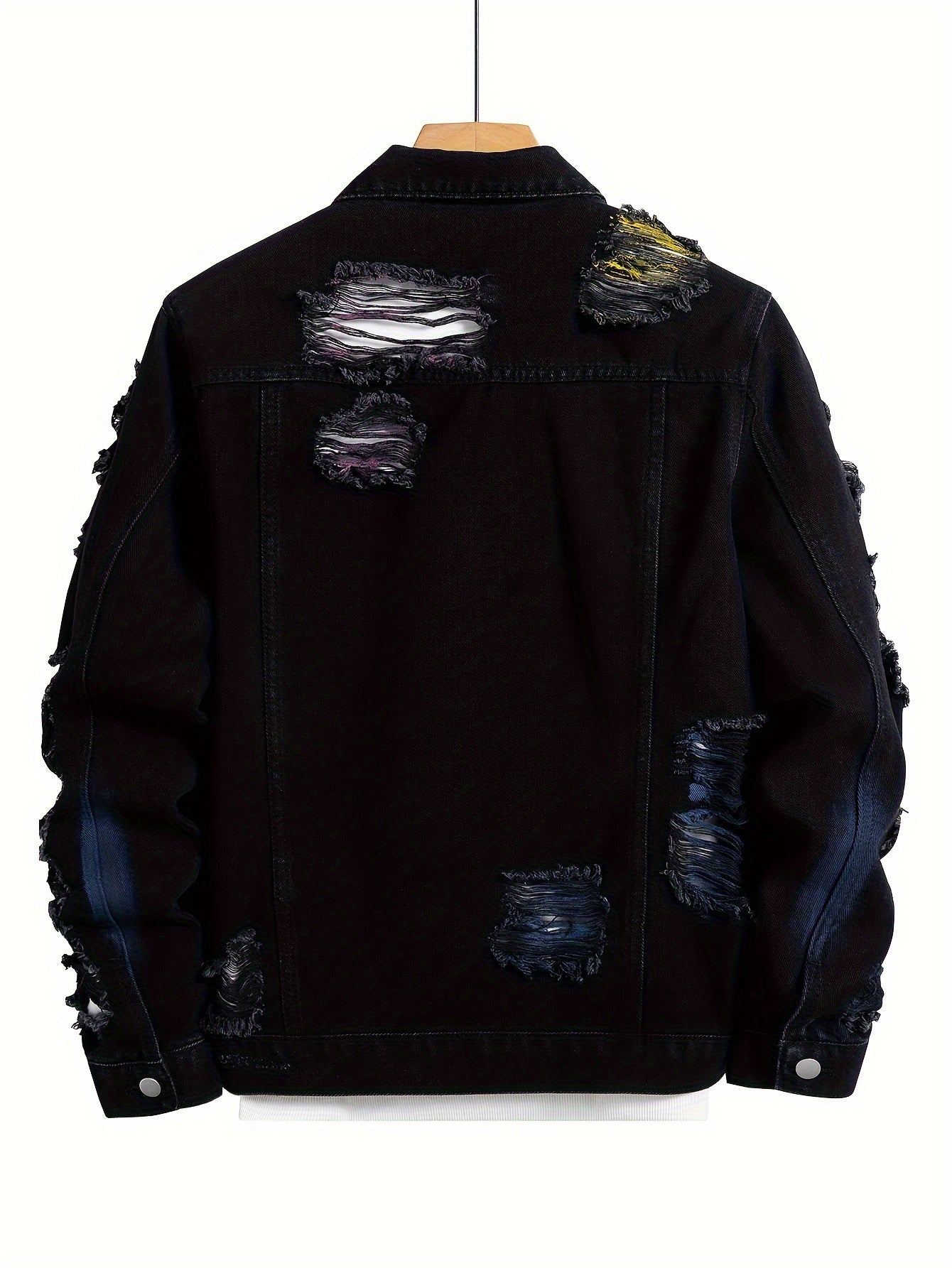 Men'S Streetwear Denim Jacket with Random Paint Splatter & Tear Detail - Black, Long Sleeve, Button-Up, Non-Stretch Fabric, Casual Style, Casual Outerwear | Streetwear Style | Nonstretch Fabric