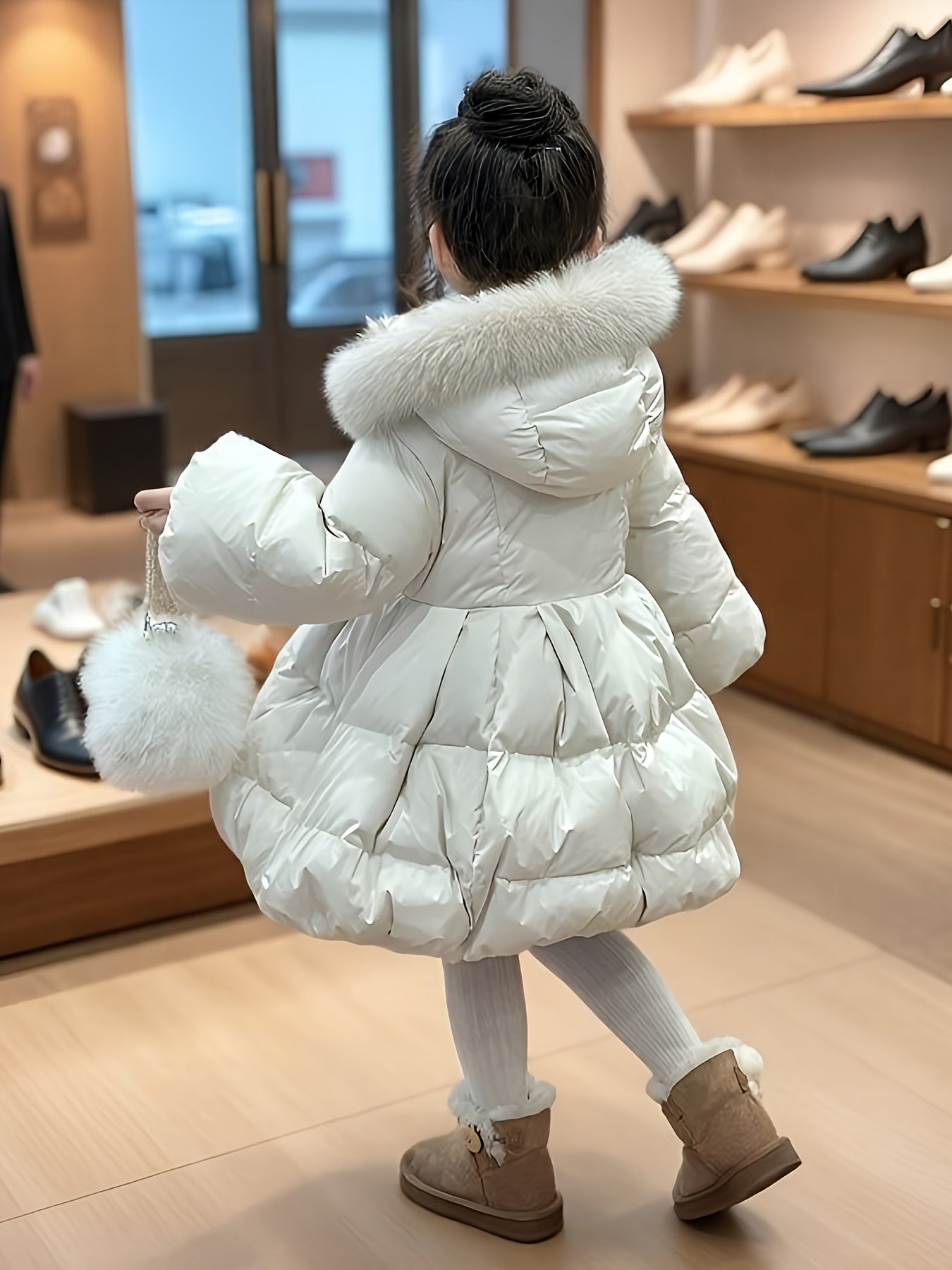 Girls' Winter Coat with Hood & Fur Trim - Thick Warm Long Jacket, A-Line Silhouette, Button Closure, -Filled Insulation & Nylon Lining, White Snowsuit for Girls 3-8 Years (Casual & Formal Outfits) - Pure Princess Coat with Puffy Sleeves, Flared Hem, and