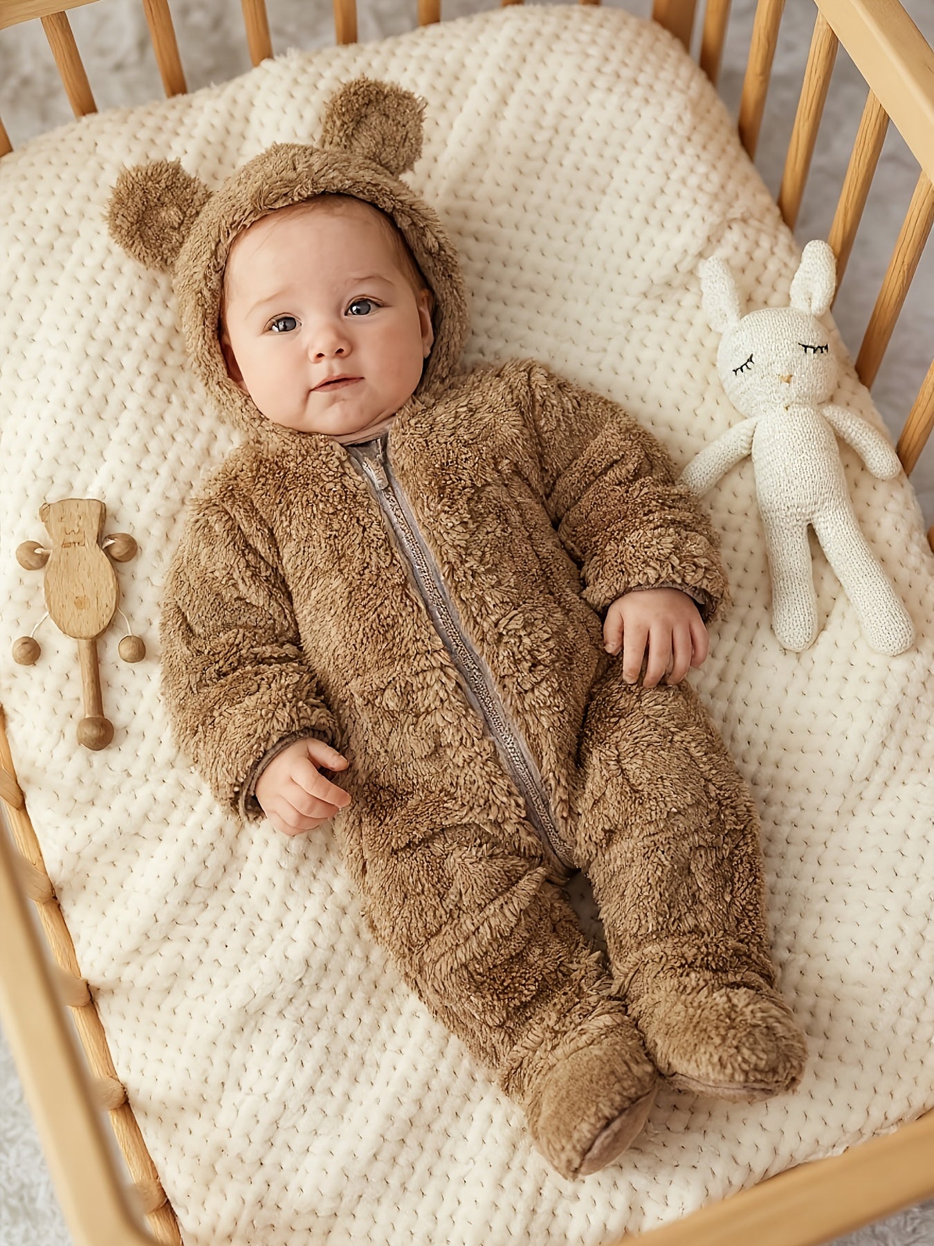 Newborn Boys' Cute Cartoon Print Fleece Hooded Romper with Footed Pants - Cozy Brown Bear Design, Zipper Closure, Soft Warm Winter Outfit for Indoor & Outdoor Wear, for Outdoor