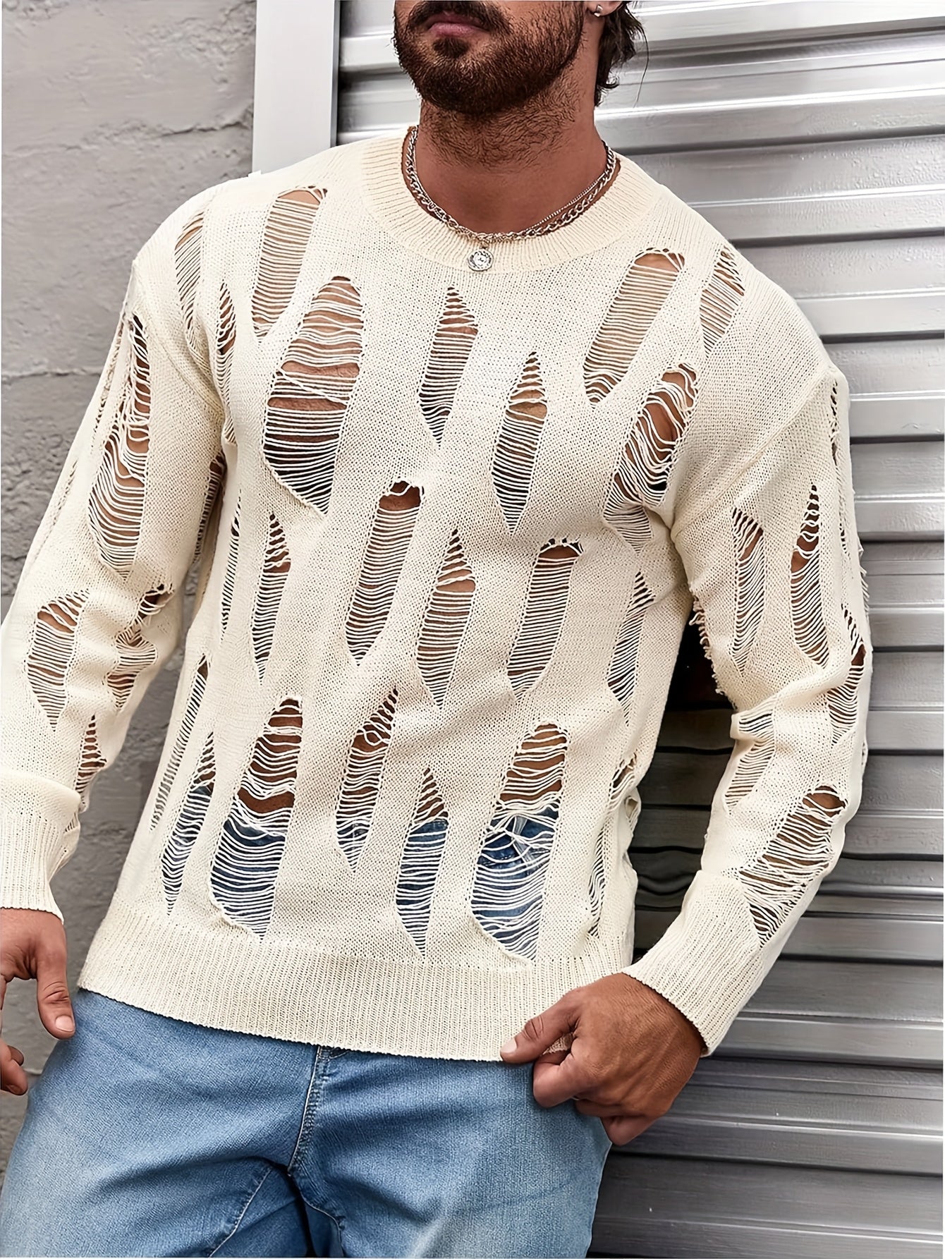 Men'S Chic Black Distressed Knit Sweater - Sexy Cropped Design, Medium Stretch Fabric, Perfect for Spring/Fall, Casual Wear|Fashionable Ripped Look|Stretchy Fabri