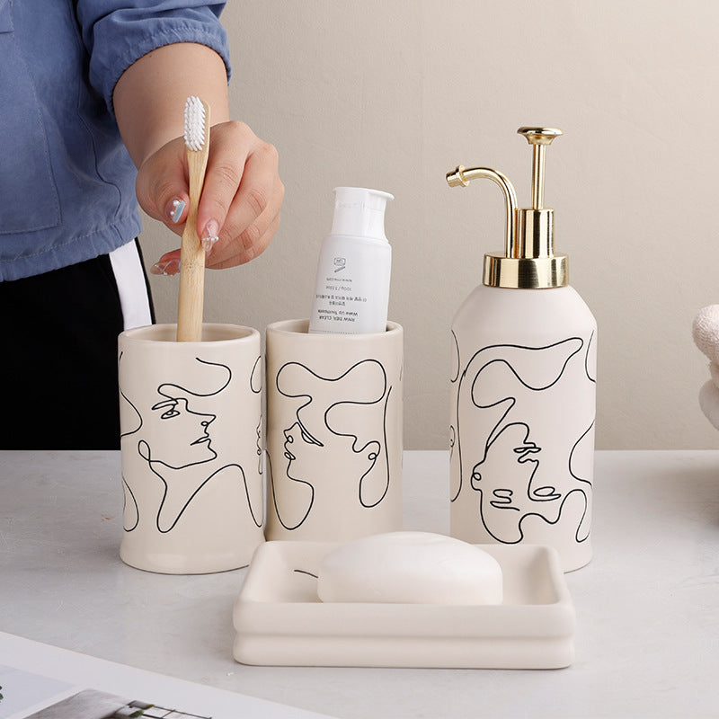 Chic Abstract Face 4pcs Bathroom Set - Includes Soap Dispenser, Toothbrush Holder, Mouthwash Cup & Tray - Perfect for Couples, Ideal Gift