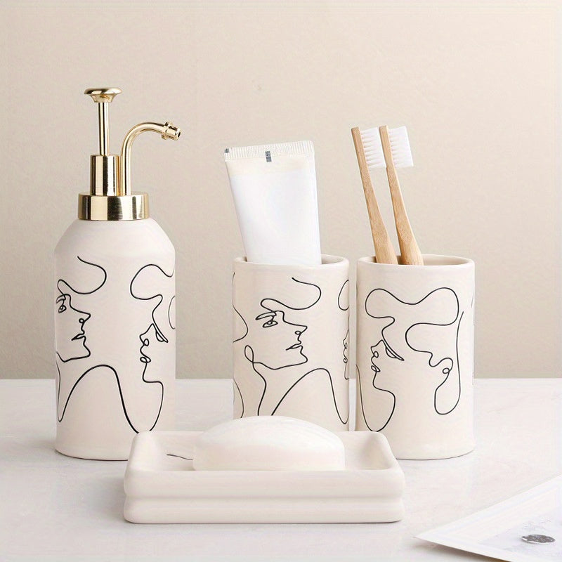 Chic Abstract Face 4pcs Bathroom Set - Includes Soap Dispenser, Toothbrush Holder, Mouthwash Cup & Tray - Perfect for Couples, Ideal Gift