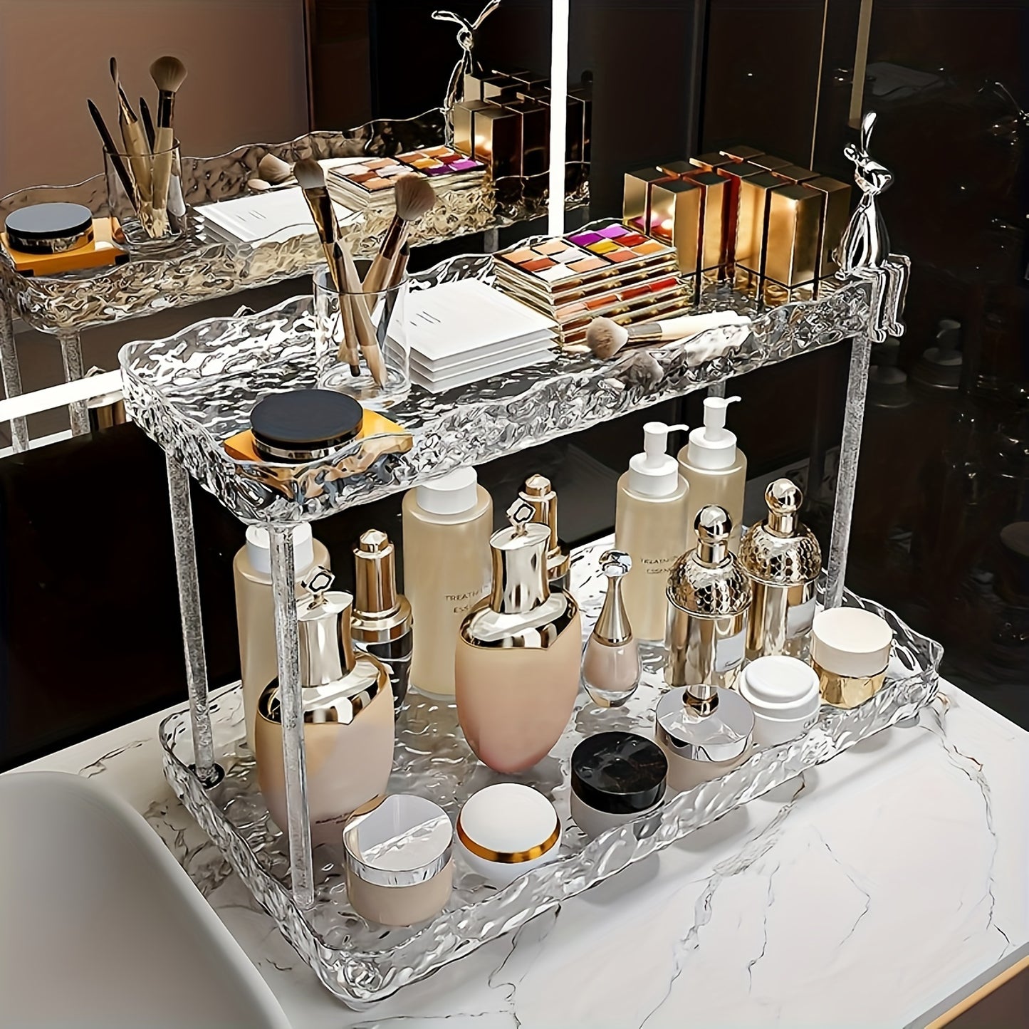 1pc Transparent European Style Acrylic Cosmetic Storage Shelf - Bedroom Tiered Freestanding Plastic Organizer for Skincare, Perfume, Bathroom Toiletries