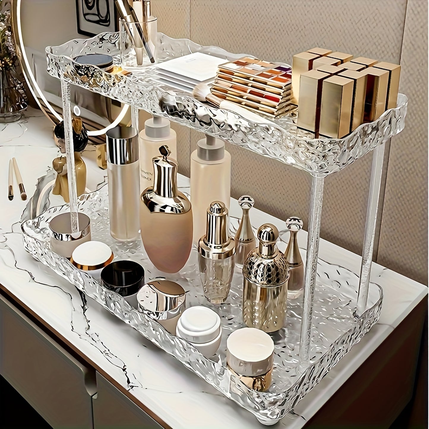 1pc Transparent European Style Acrylic Cosmetic Storage Shelf - Bedroom Tiered Freestanding Plastic Organizer for Skincare, Perfume, Bathroom Toiletries