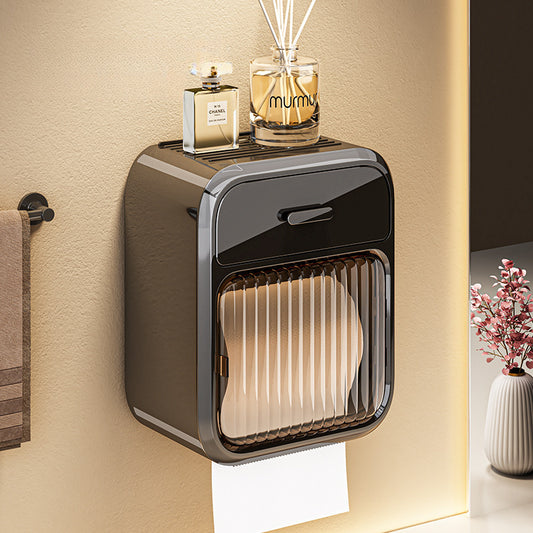 Waterproof Wall-Mounted Toilet Paper Holder - No Drill, Square Plastic Tissue Box for Bathroom Organization