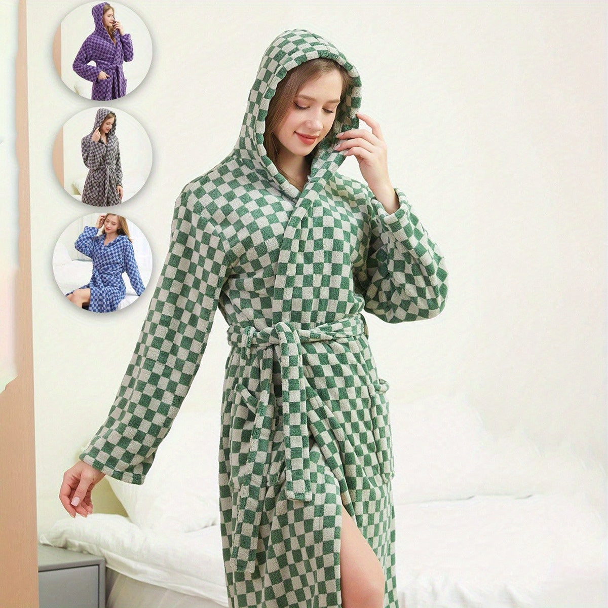 Luxurious Checkerboard Coral Fleece Bathrobe for Couples, Long Sleeve, Hooded, Extra Thick & Soft, Non-Shedding, Ideal for Home & Hotel Use