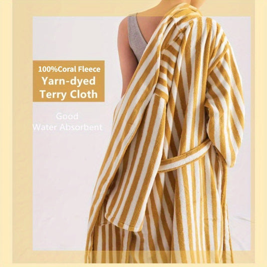 Women's Coral Fleece Bathrobe, Multi-Color Striped, Quick-Dry Absorbent, Soft Polyester & Nylon, Bohemian Style, Machine Washable, Home Sleepwear, 300g/㎡