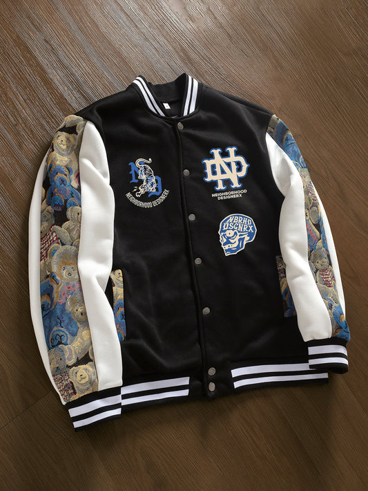 Men's Vintage Streetwear Baseball Jacket - Skull & Tiger Graphic Print, Black & White Contrast Design, Snap Closure, Machine Washable, Fall Winter Casual Outerwear, Urban Style, Retro Aesthetic, Durable Fabric, Printed Coat, Urban Lifestyle