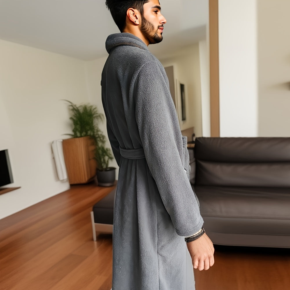 Men'S Soft Plum Velvet Robe, Contemporary Style, Super Soft Knit Fabric Bathrobe, 320gsm Polyester 100%, Space Towel Theme, Cozy Lounge Wear