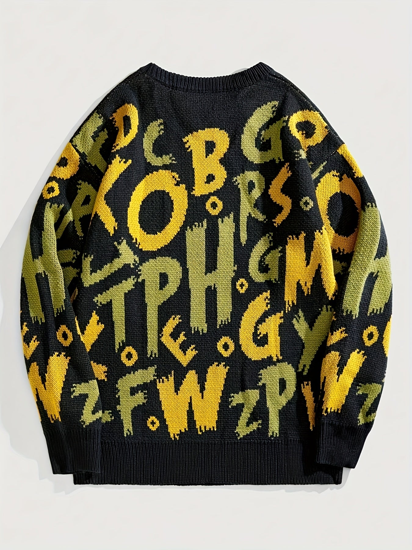 Men'S Oversized Knit Sweater with Bold Letter Print - Cozy Long Sleeve Crew Neck Pullover for Fall/Winter, Casual Streetwear Style, Acrylic Blend, Relaxed Fit, Winter Streetwear | Bold Letter Print | Acrylic Blend Sweater
