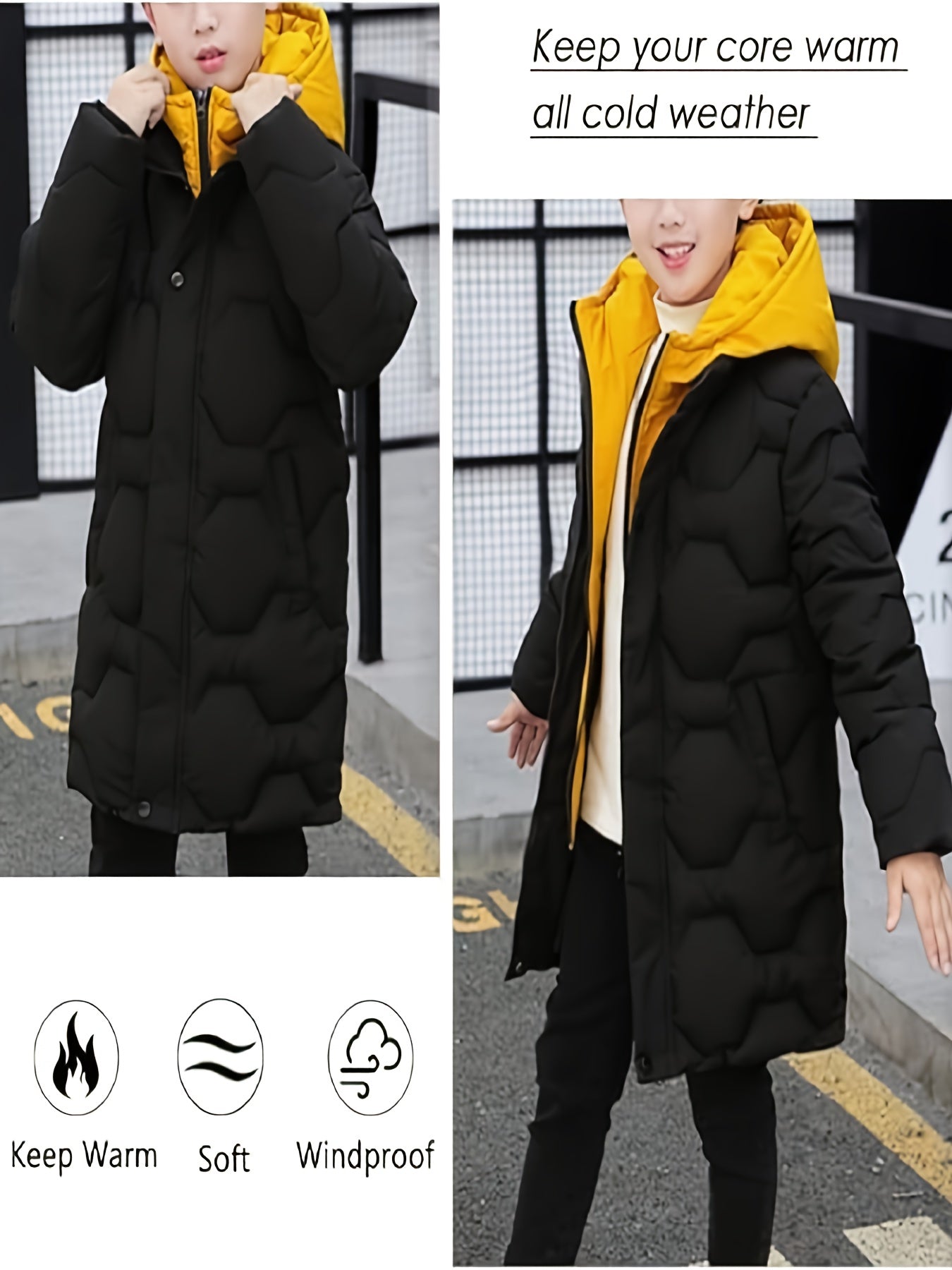 Boys' Winter Hooded Jacket - Thickened Mid-Length Windproof Warm Coat with Pockets, Black & Yellow Two-Tone Design, Casual Style for Fall/Winter Outdoor Play, Winter Coat for Boys, Playful Kids' Fashion, Durable Kids' Clothing, Winter Jacket For Boy, Win
