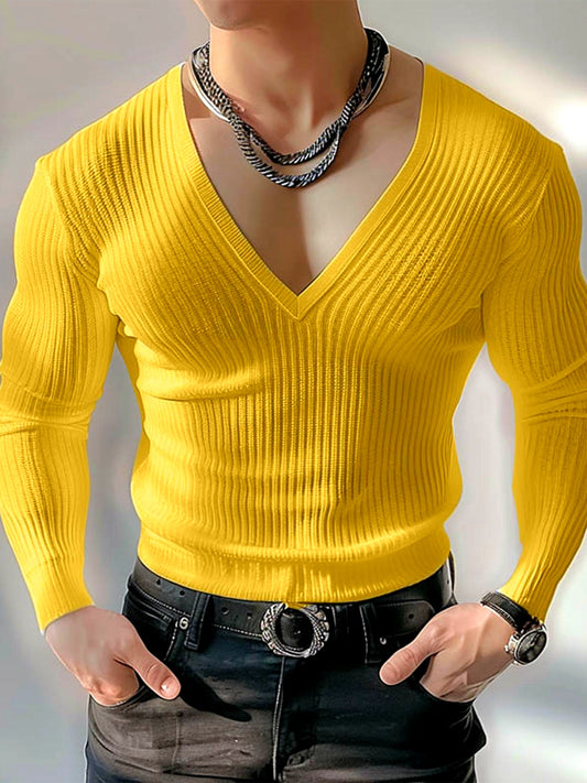 Men's Slim Fit Ribbed Knit V-Neck Long Sleeve Tee - Stretchy, Breathable & Machine Washable, Bright Yellow Casual Top for Casual Attire, Versatile Clothing, Stylish Slim Fit, Stretchy Material