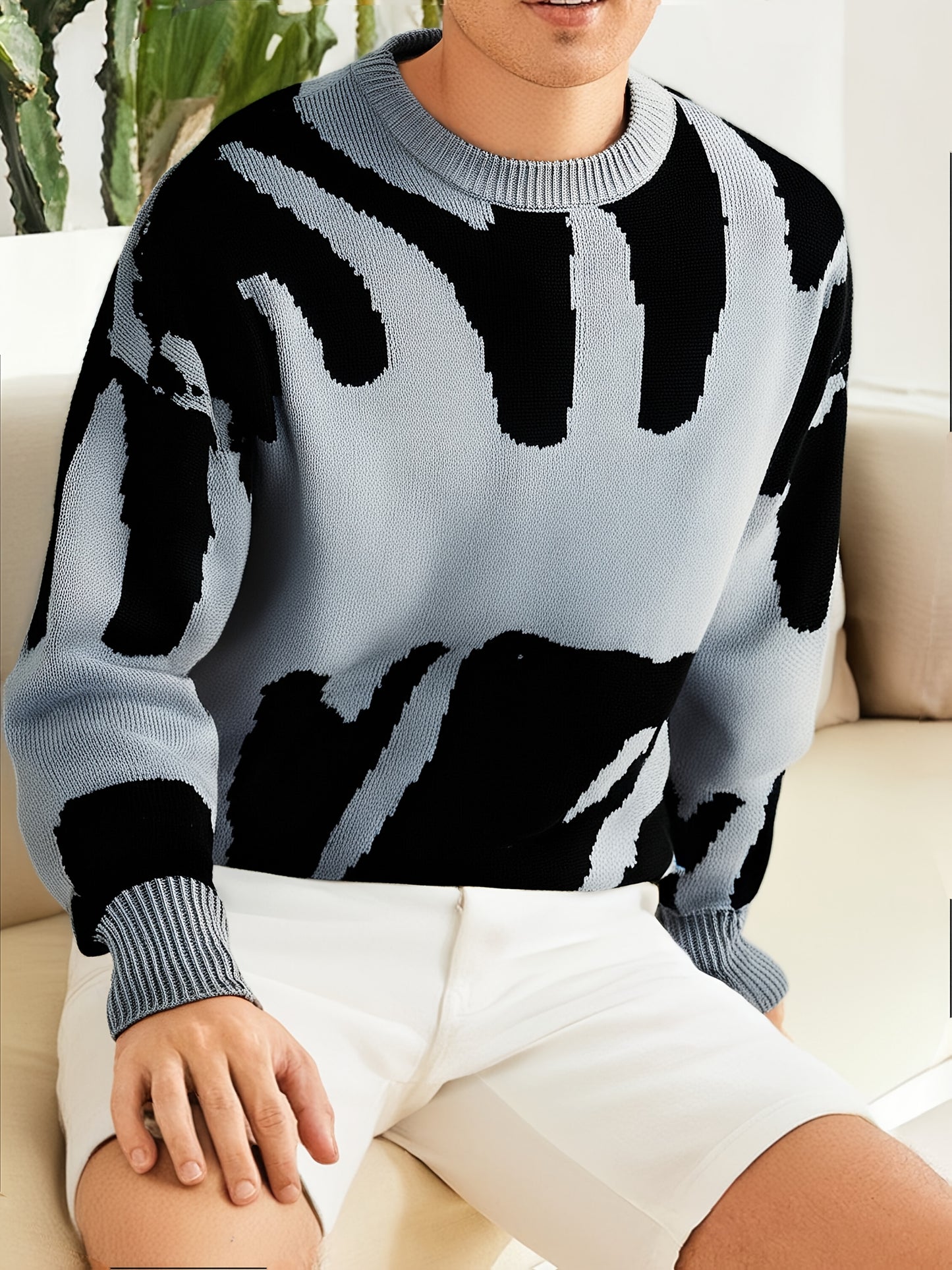 Men's Sweater - Black & Gray Modern Contrast Pullover, Machine Washable Winter Knitwear for Formal & Casual Outfits - Warm Knit Sweater for Teens and Adults, Knit Sweater, Comfortable Clothing, Ribbed Texture Detail, Classic Round Neckline, Durable Knitw